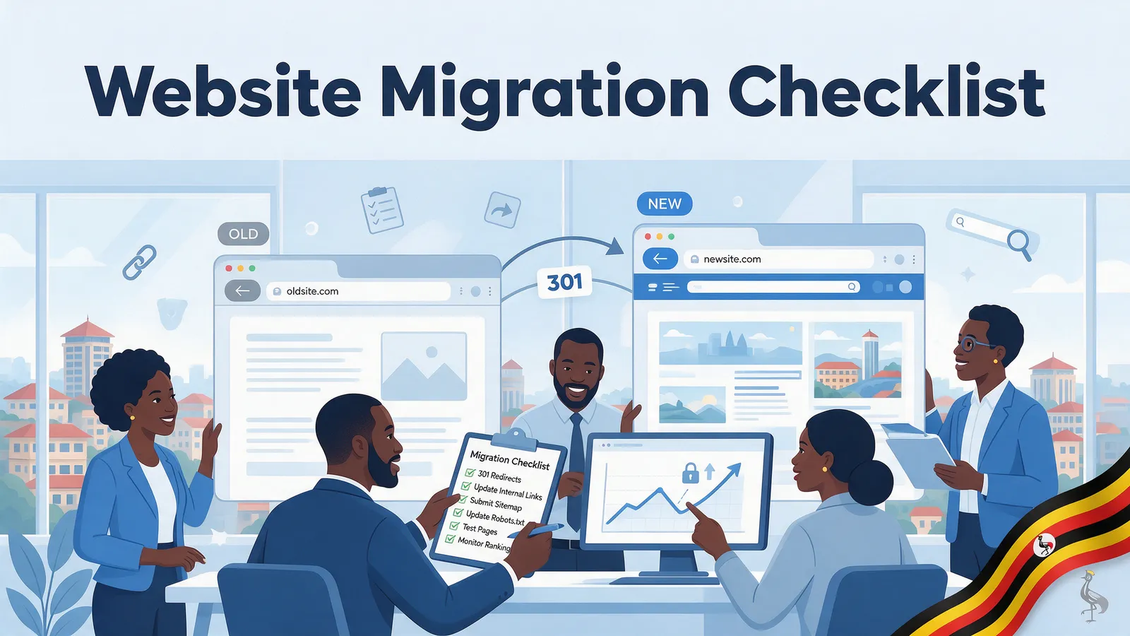 Ugandan team setting up a 301 redirect from an old website to a new website with a migration checklist and rankings recovery chart