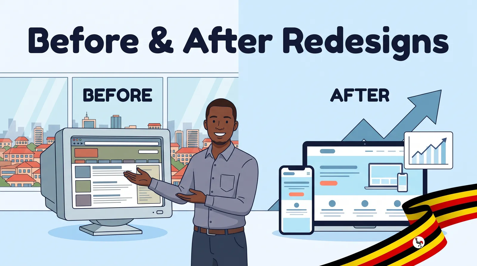 Before and after comparison of an outdated website and a modern redesigned Ugandan business website