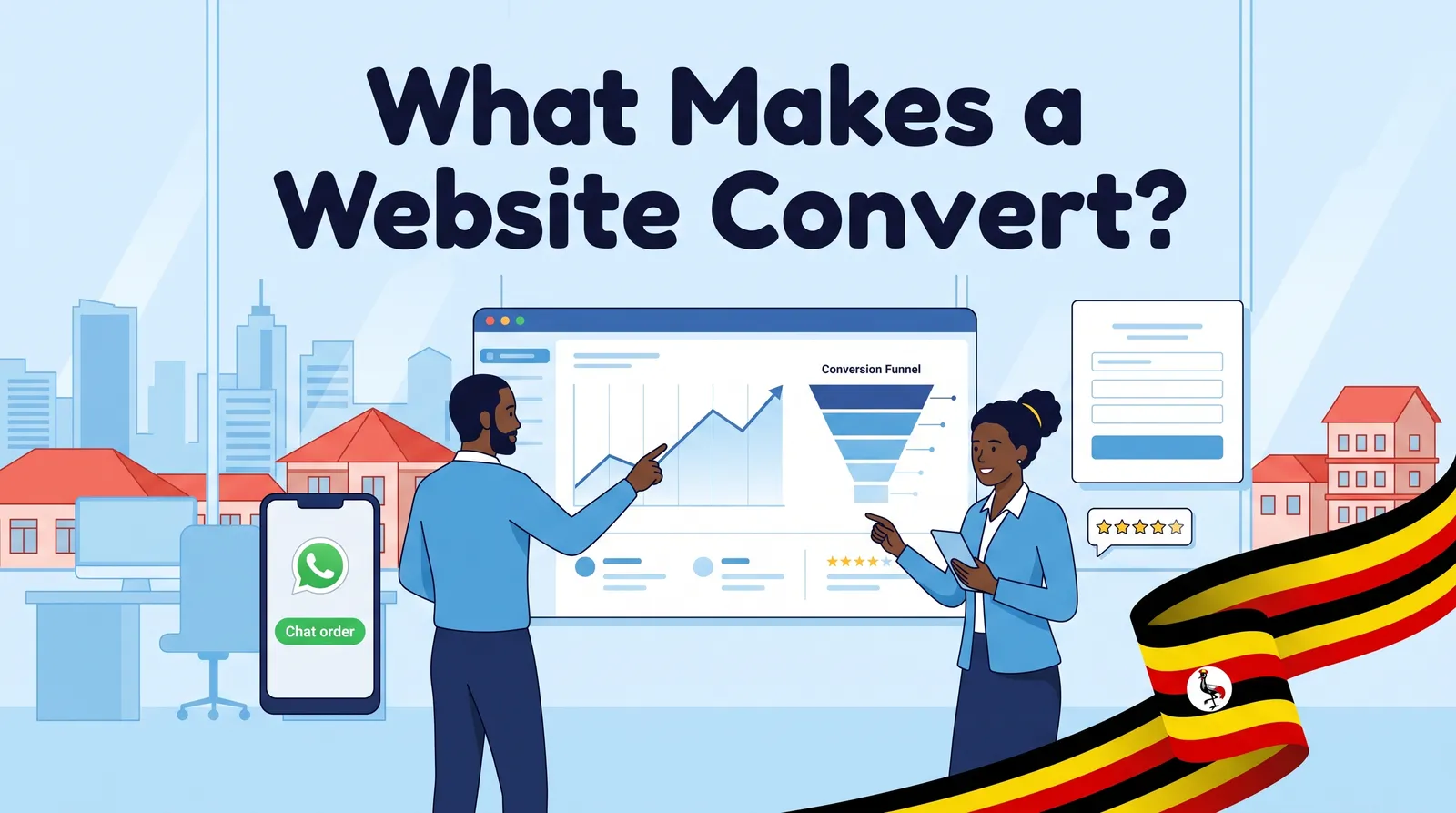 Ugandan web team reviewing rising website conversion results on a dashboard